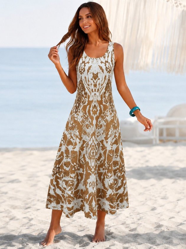 Women's Strappy Round-Neck Patterned Long Single-Jersey Dress