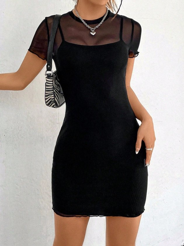 Women's String Strap Short Scuba Dress and Short Sleeve Tulle Dress Two-Piece Set