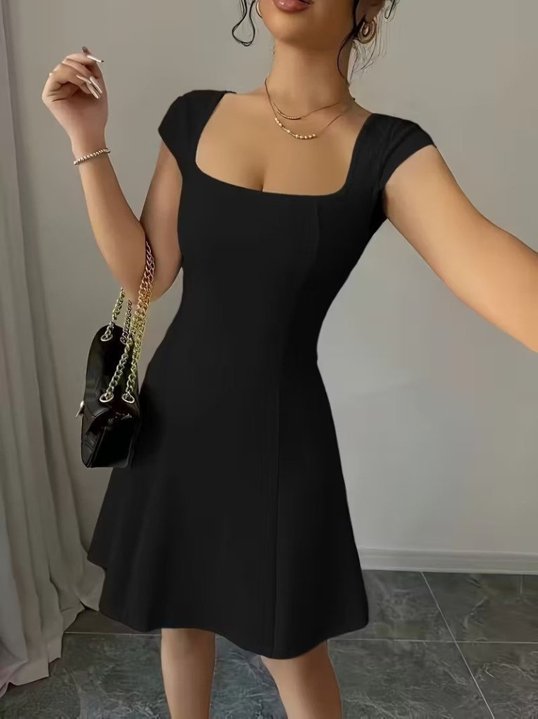Women's Short Sleeve Square Neck Short Imported Crepe Dress