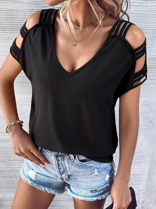Women's Short Sleeve V Neck Stripe Detail Viscose Blouse