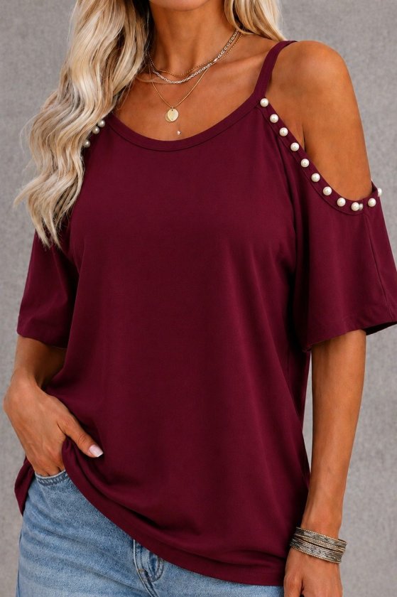 Women's Short Sleeve Strap Open Shoulder Pearl Viscose Blouse