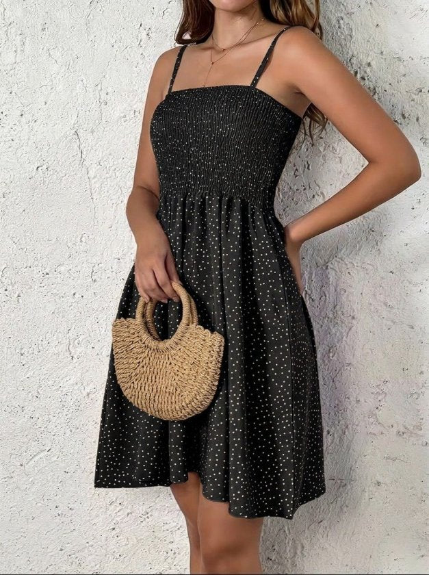 Women's Spaghetti Strap Pleated Patterned Short Supreme Dress