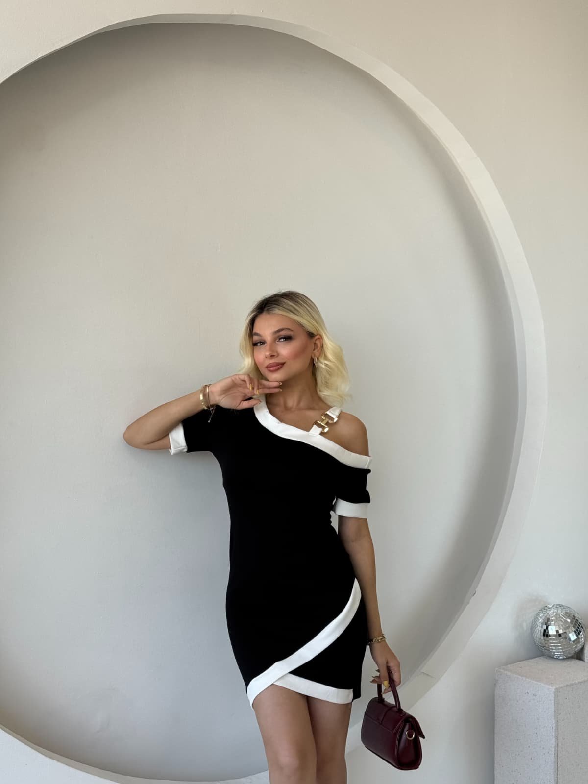 Women's Short Sleeve Asymmetric Cut Collar Stripe and Accessory Detailed Modal Dress