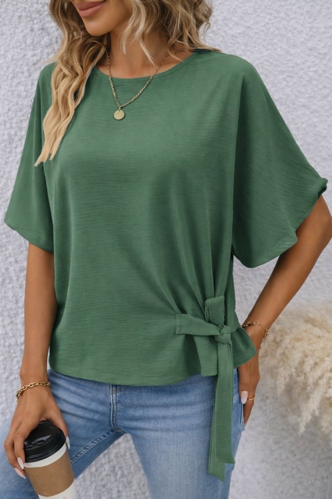 Women's Short Sleeve Crew Neck Side Drawstring Aerobin Blouse