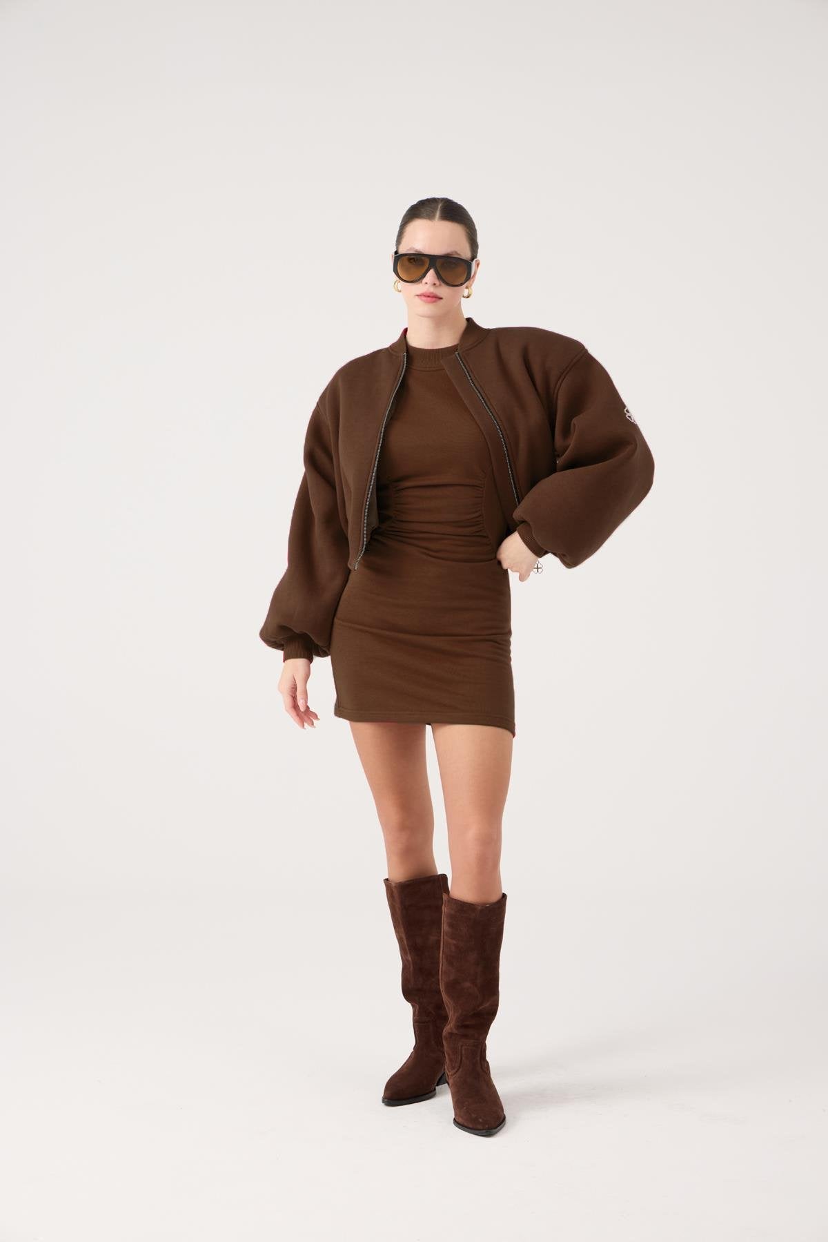 Crop Kesim Vatkalı Parker Bomber Ceket Kahve Kahve L