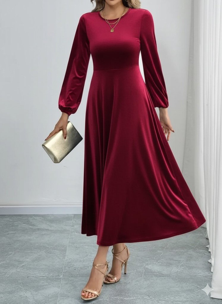 Women's Long Sleeve Crew Neck Midi Velvet Dress
