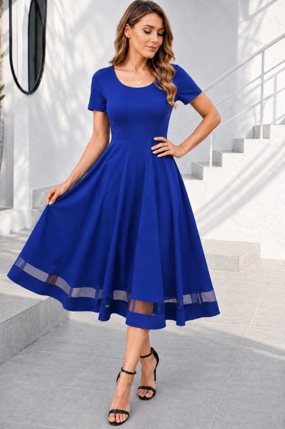 Women’s Short Sleeve Round Neck Tulle Detail Midi Ruffled Crepe Dress