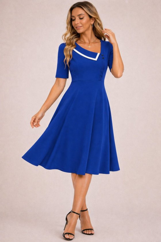 Women's Short Sleeve Asymmetric Collar Detailed Midi Ruffle Crepe Dress