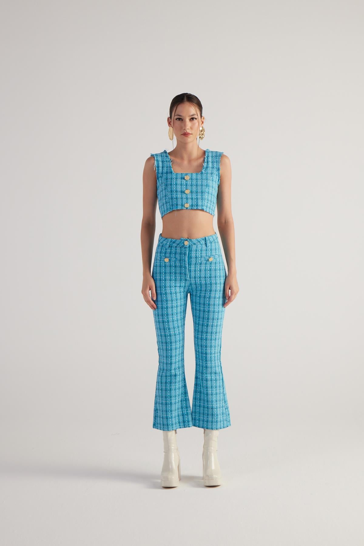 İspanyol Kesim Tüvit Tweed Pantolon Mavi