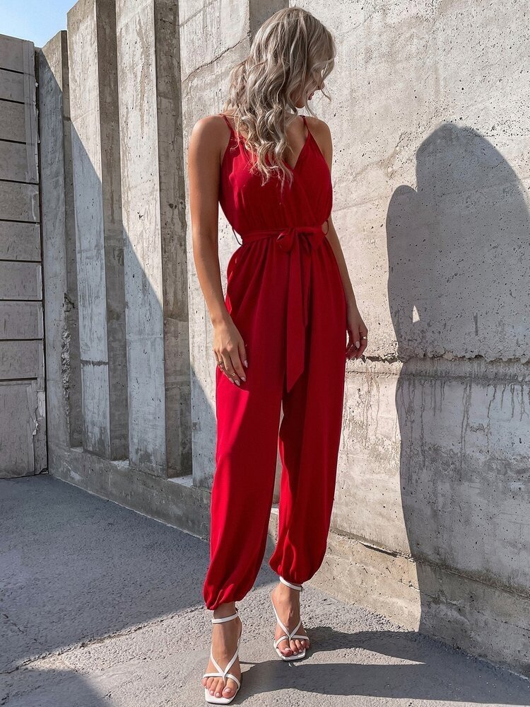 Women's Spaghetti Strap Wrap Collar Belted Long Sandy Jumpsuit