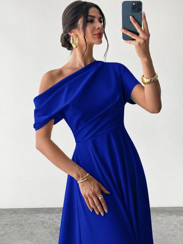 Women's Off-Shoulder Short Sleeve Pleated Shoulder Long Janjan Crepe Dress