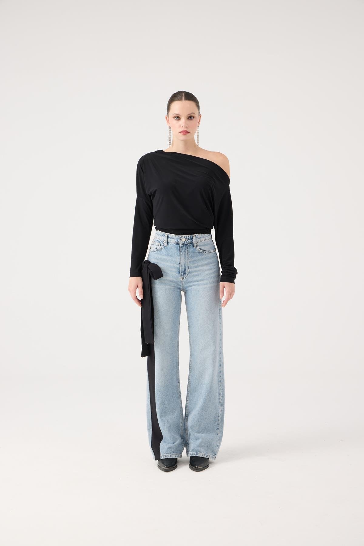 Yüksek Bel Kurdele Detaylı Wide Leg Kyla Jean Pantolon Siyah Siyah XS