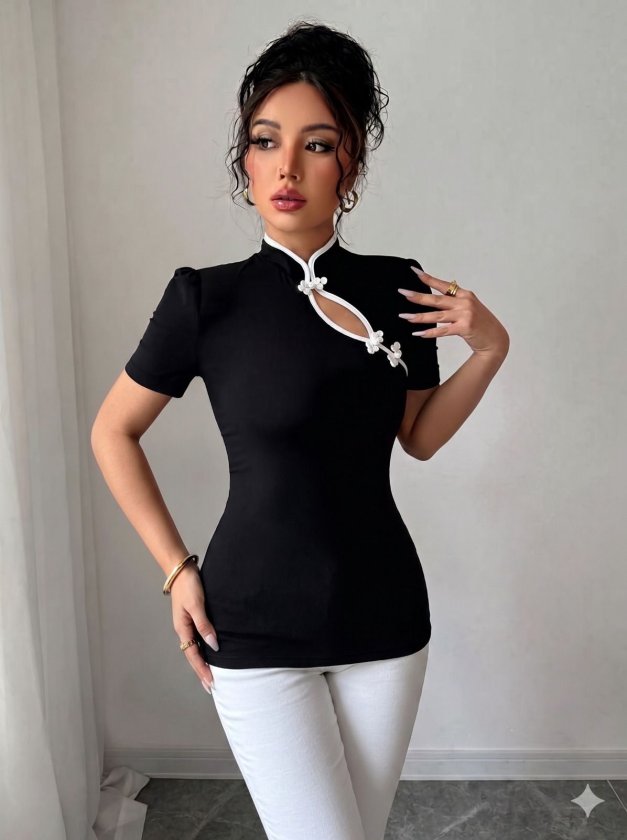 Women's White Stripe Detailed Slim Fit Stand Collar Blouse