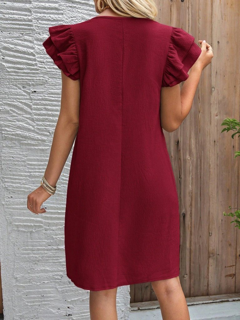 Women's Short Sleeve Crew Neck Ruffled Short Crinkled Dress