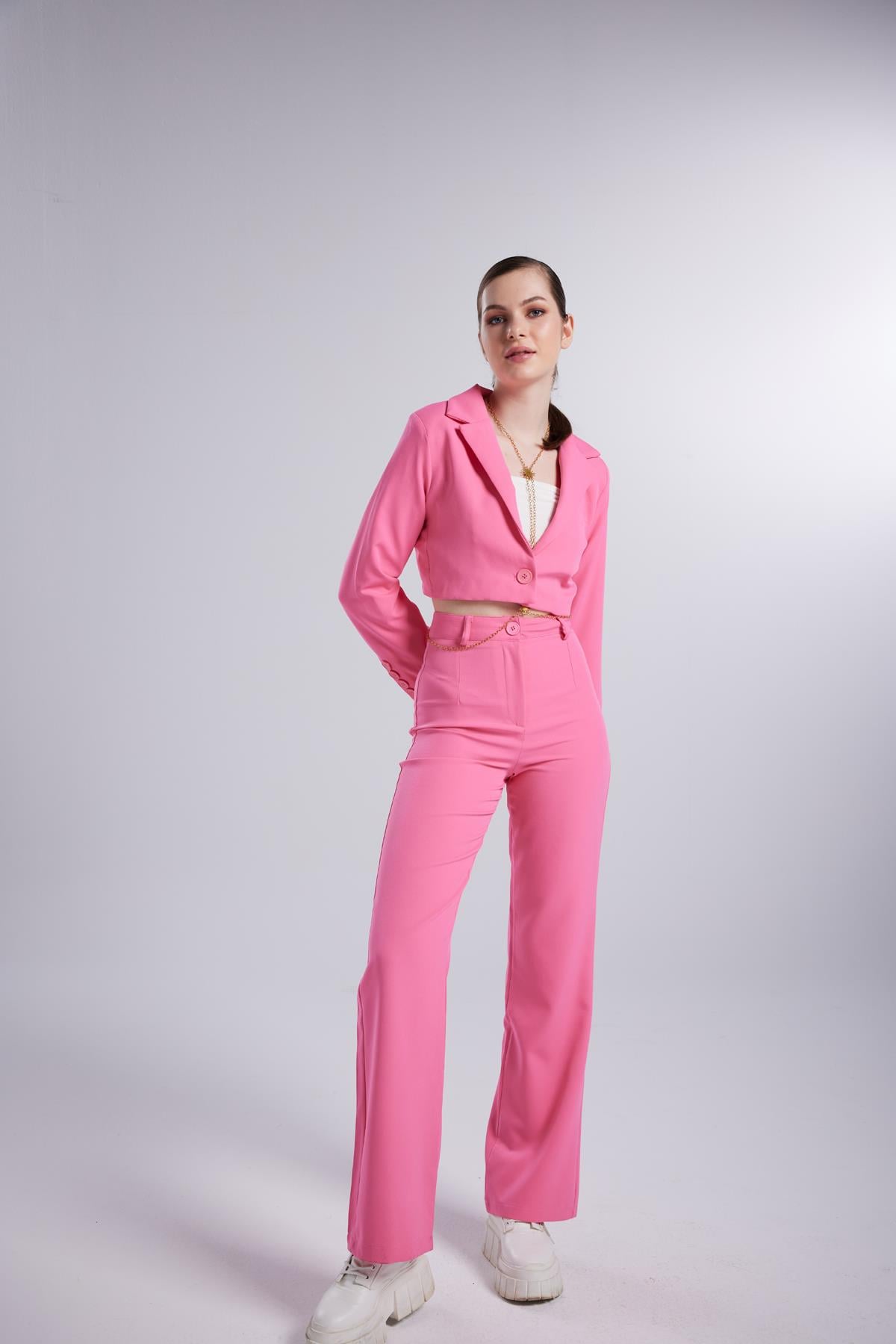 Yüksek Bel Düğme Kapamalı Panky Pantolon Pembe