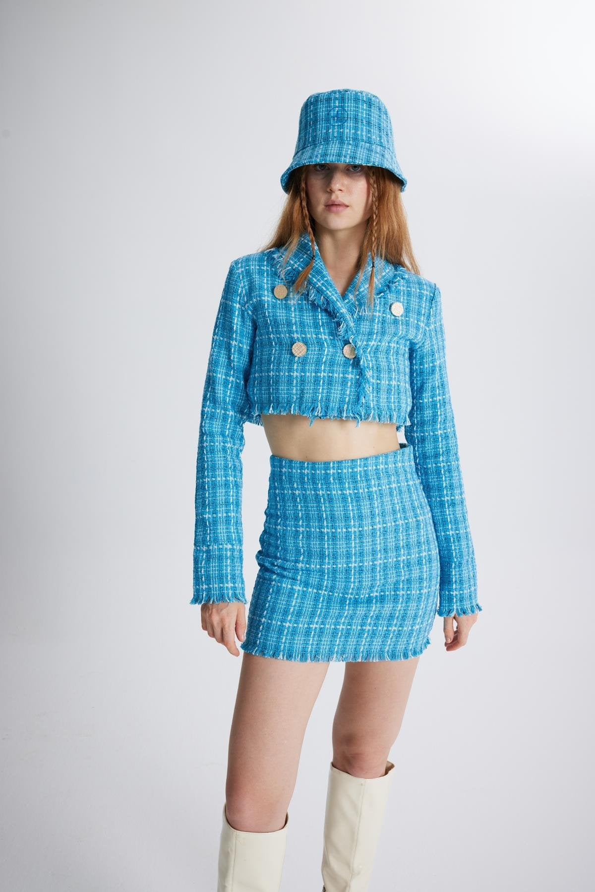 Tüvit Kumaş Crop Tweed Ceket Mavi