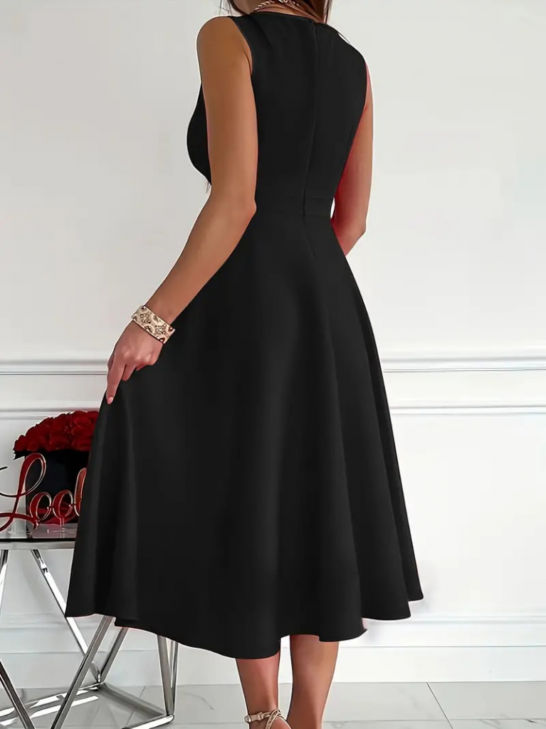 Women's Imported Crepe Fabric Wrap Collar Flared Hem Sleeveless Mini Dress