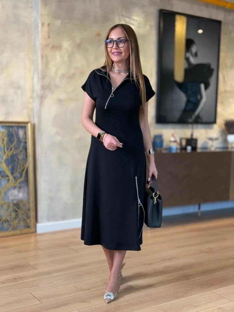 Women's Short Sleeve Zip-Up Collar and Skirt Midi Viscose Double Thread Dress