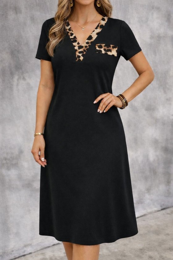 Women's Short Sleeve V-Neck Midi Viscose Dress with Decorative Pocket Detail