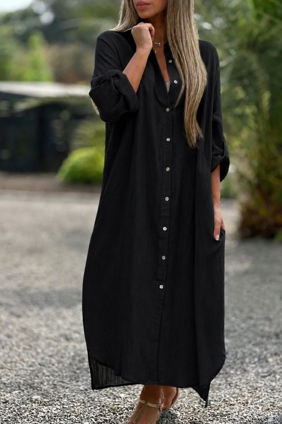 Women's Long Sleeve Collared Front Button Wide Cut Detailed Long Dress
