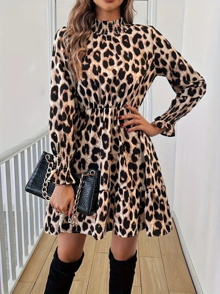 Women's Long Sleeve Semi-Turtleneck Leopard Print Modal Mini Dress