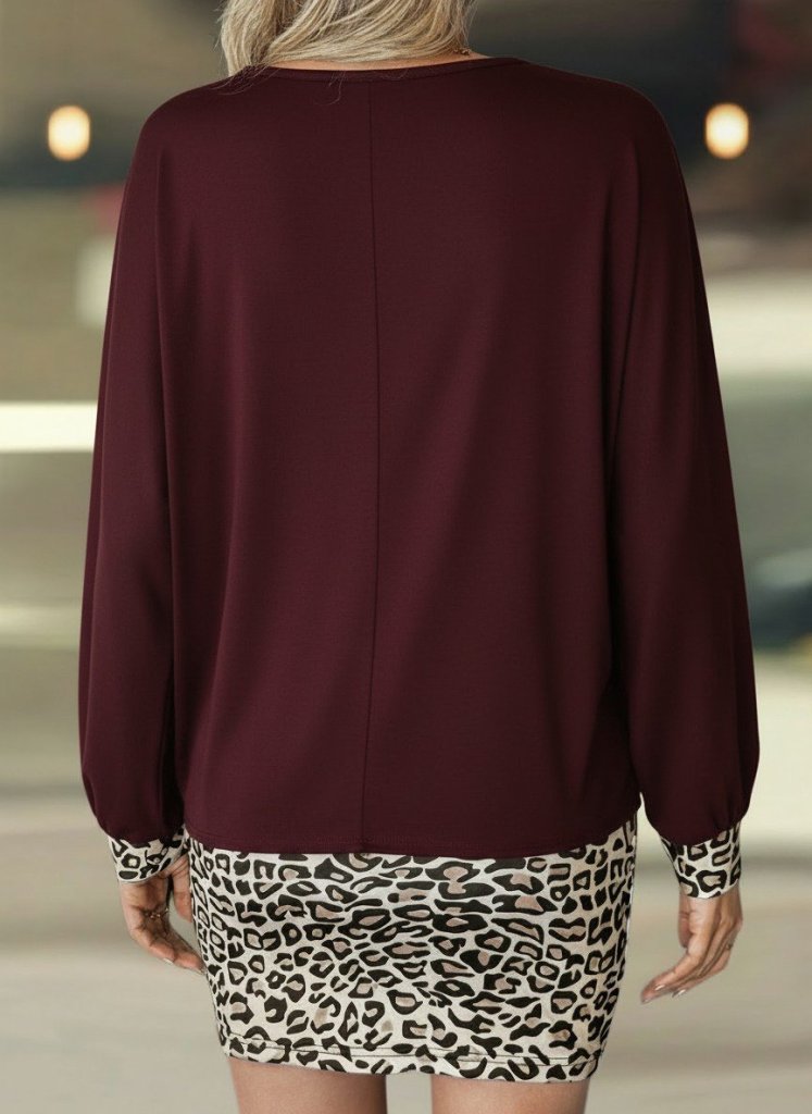 Women's Long Sleeve Crew Neck Top Viscose Two-Ply Bottom Leopard Pattern Mini Dress