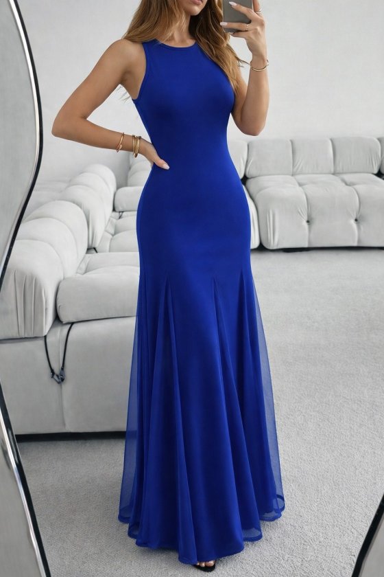 Women's Strappy Crew Neck Hem Tulle Detailed Asymmetric Flared Long Imported Crepe Dress