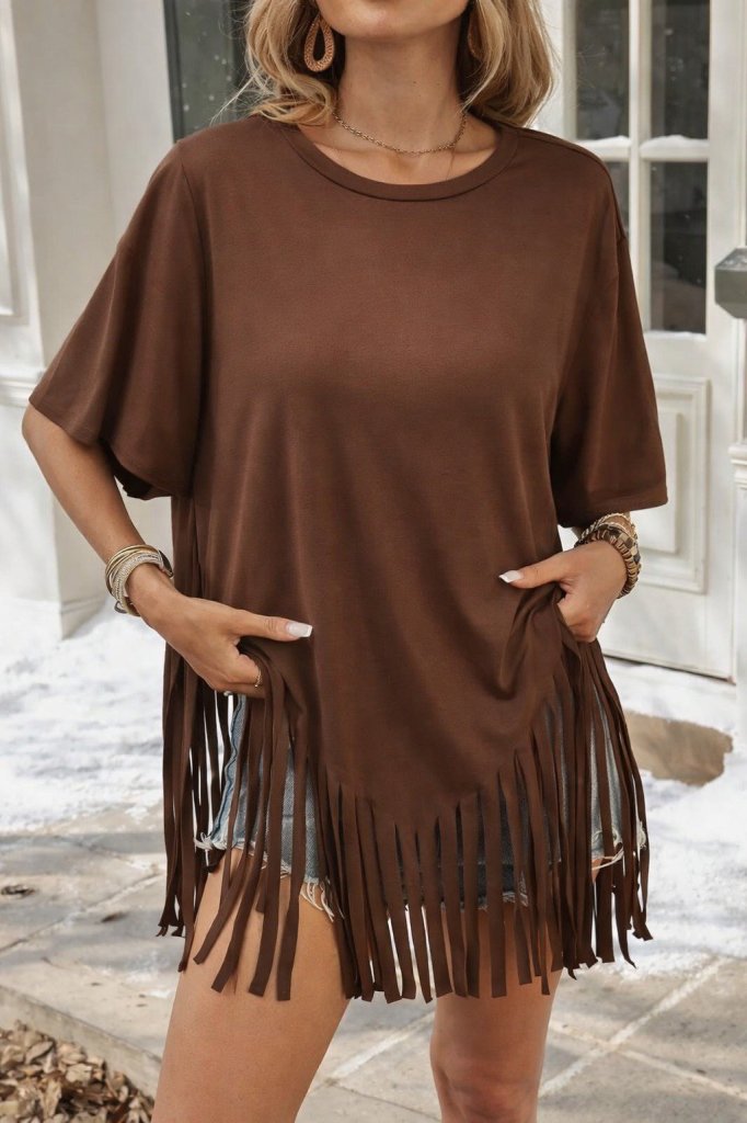 Women's Short Sleeve Crew Neck Tassel Viscose Blouse