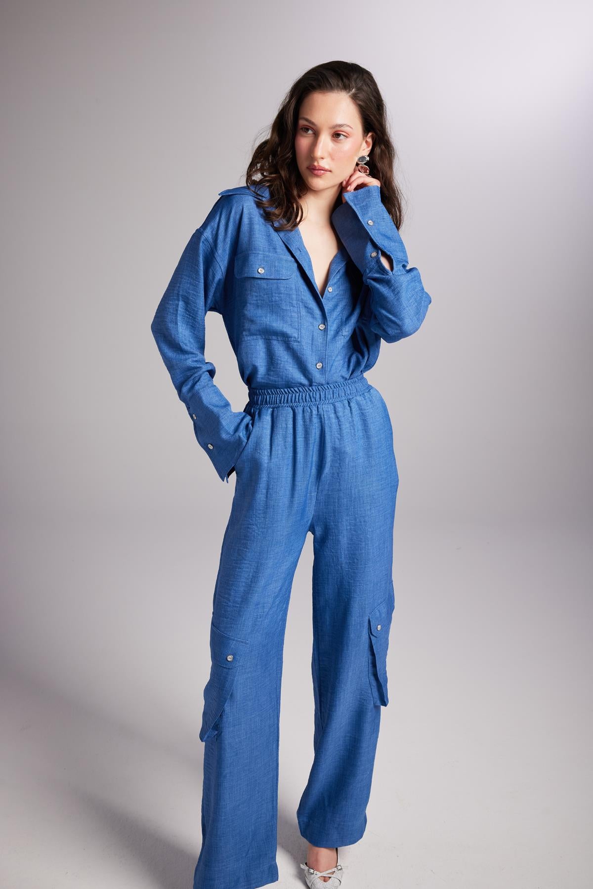 Kargo Cepli Beli Lastikli Julia Pantolon Mavi