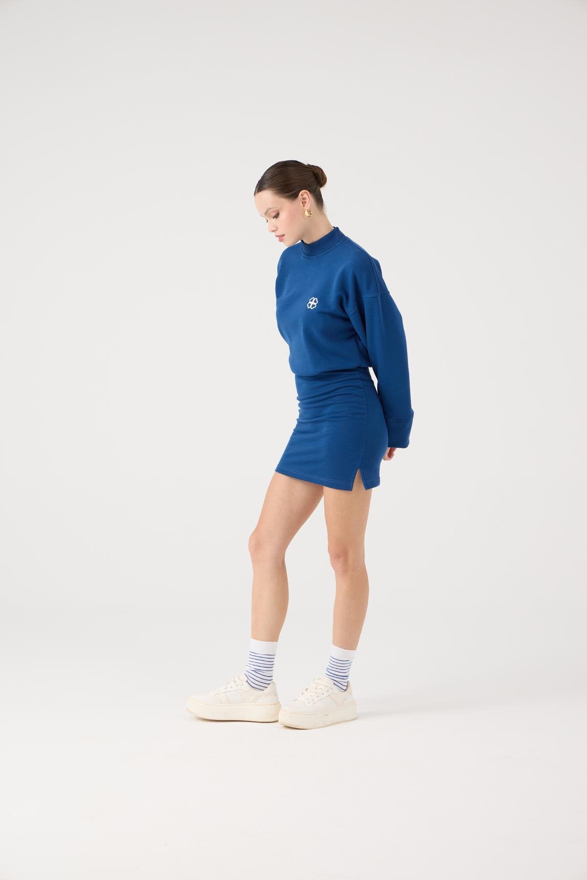 Yırtmaçlı Dokuma Kumaş Mini Claire Elbise Mavi