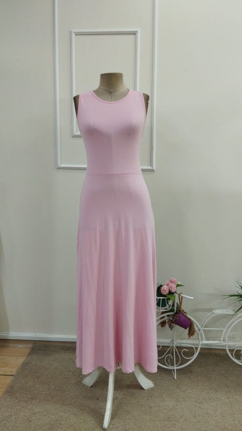 Women's Back Cross Detail Round Neck Maxi Viscose Dress