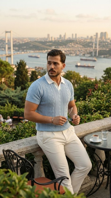 Men's Patterned Short Sleeve Knit T-Shirt - 100% Cotton Acrylic