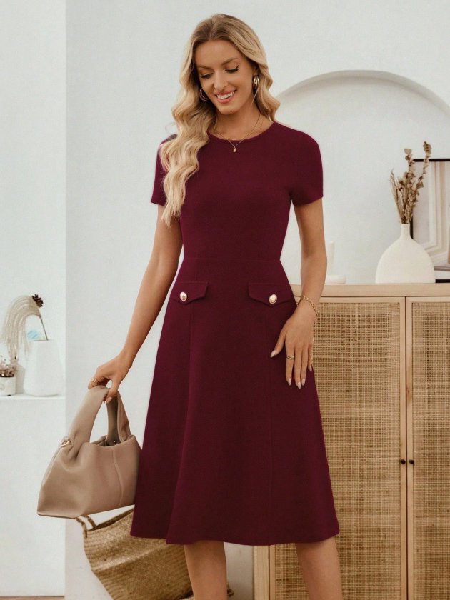Women's Short Sleeve Crew Neck Pocket Detail Midi Imported Crepe Dress