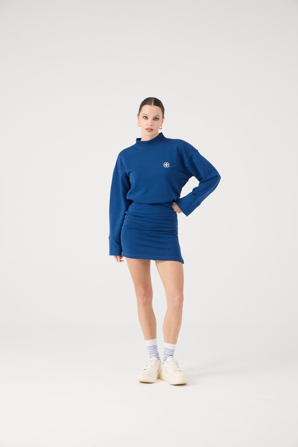 Yırtmaçlı Dokuma Kumaş Mini Claire Elbise Mavi