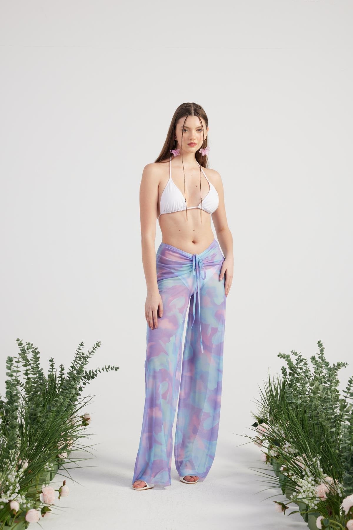 Beli İp Detaylı Tül Pareo Shirred Pantolon Lila