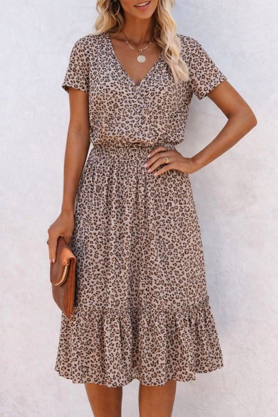 Women's Short Sleeve V Neck Elastic Waist Midi Supreme Dress