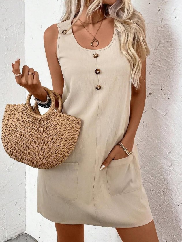 Women's Strappy Round Neck Front Button Pocket Detailed Short Dress