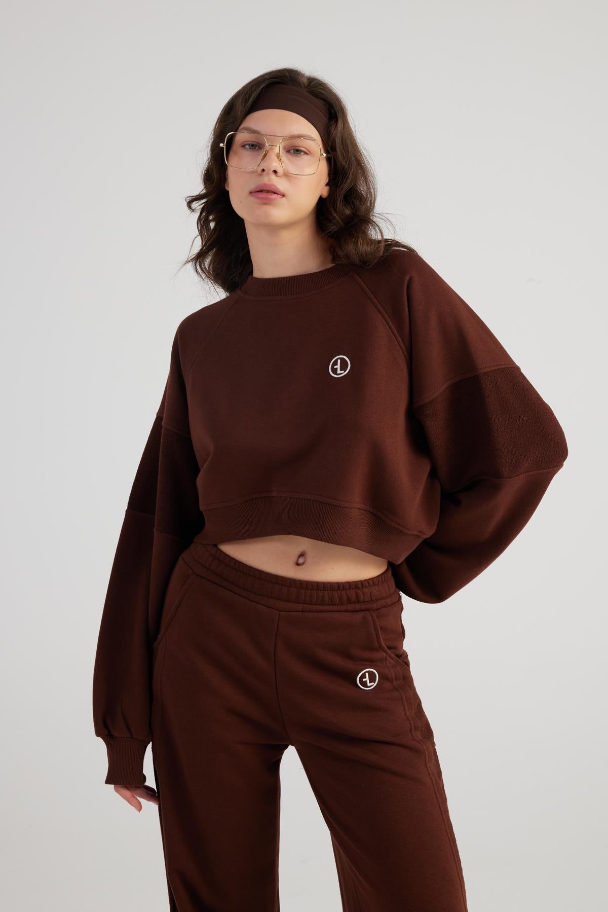 Bisiklet Yaka Şardonsuz Crop Cali Sweatshirt Kahve Kahve L