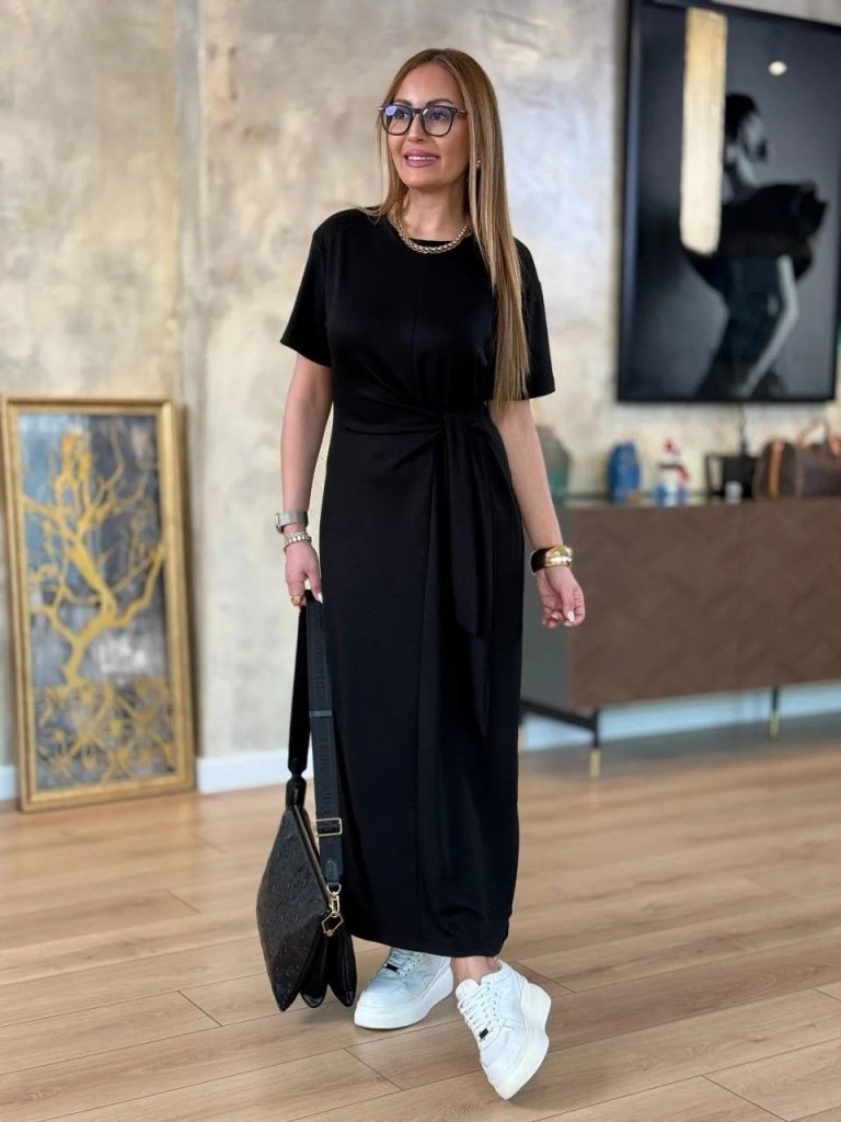 Women's Short Sleeve Crew Neck Side Tie Viscose Double Thread Dress