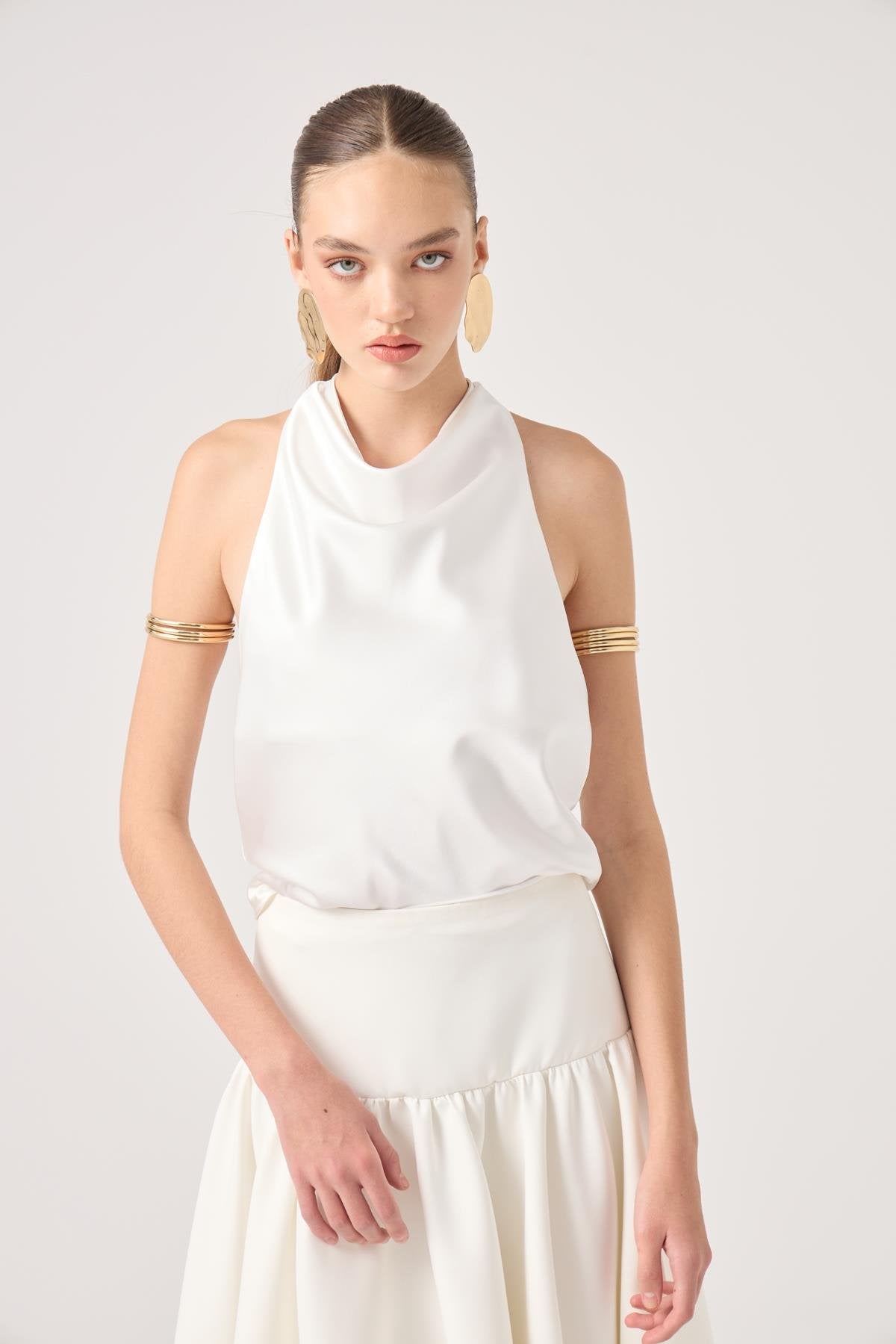 Degaje Yaka Saten Dalia Bluz Beyaz