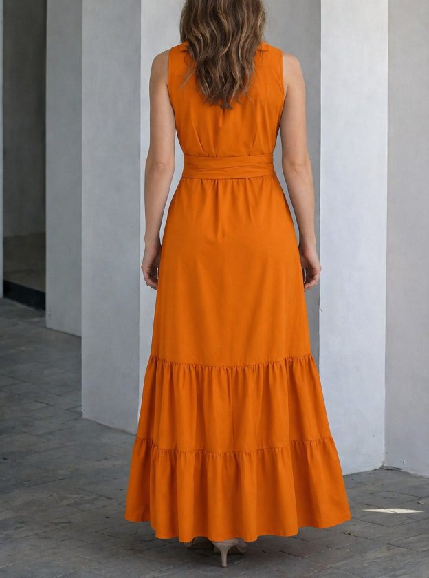 Women's Sleeveless Collar Front Button Waist Belt Long Tricot Dress