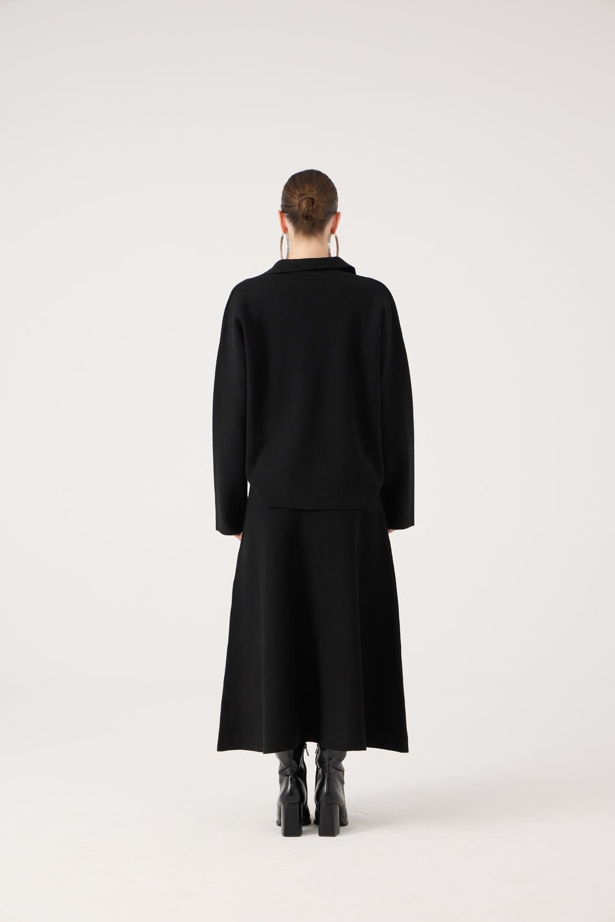 Oversize Kesim Polo Yaka Zoi Triko Kazak Siyah