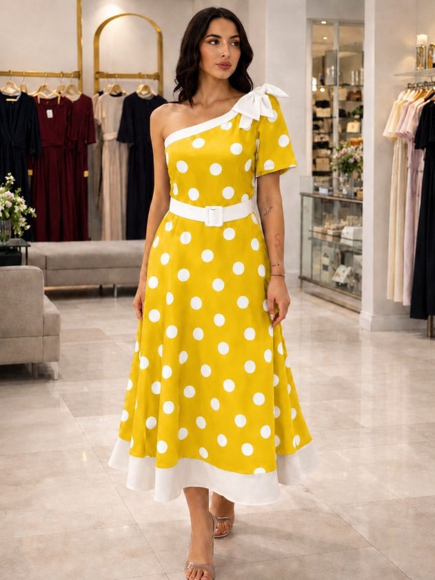 Women's One-Shoulder Open with Ribbon Detail Belted Polka Dot Woven Midi Dress