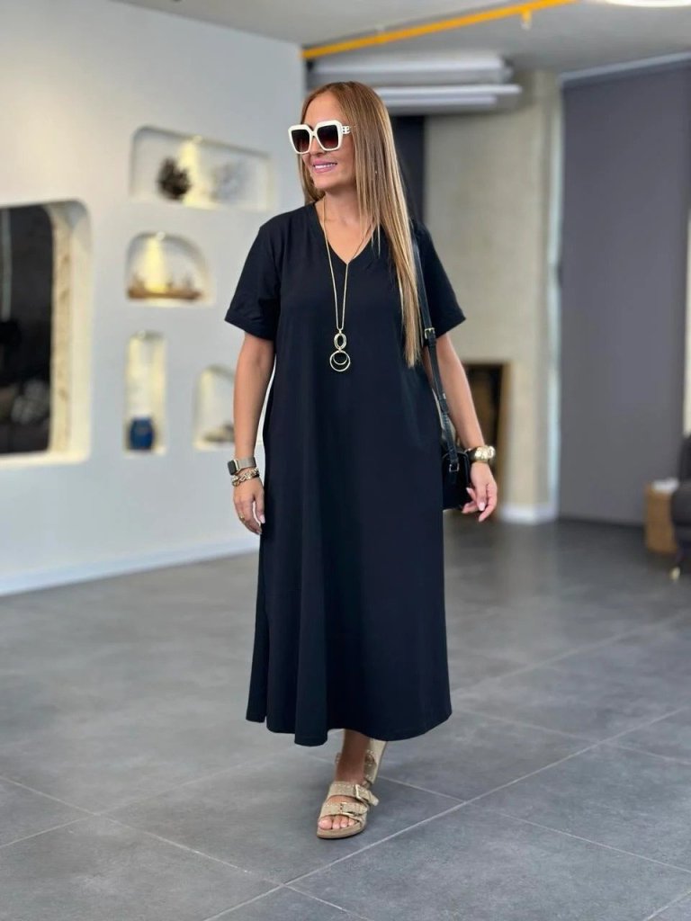Women's Short Sleeve V Neck Long Dress with Pocket Detail, Viscose Double Yarn