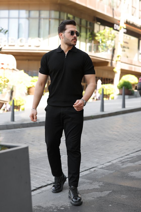 Erkek Fermuarlı Yakalı Kısa Kollu Tshirt