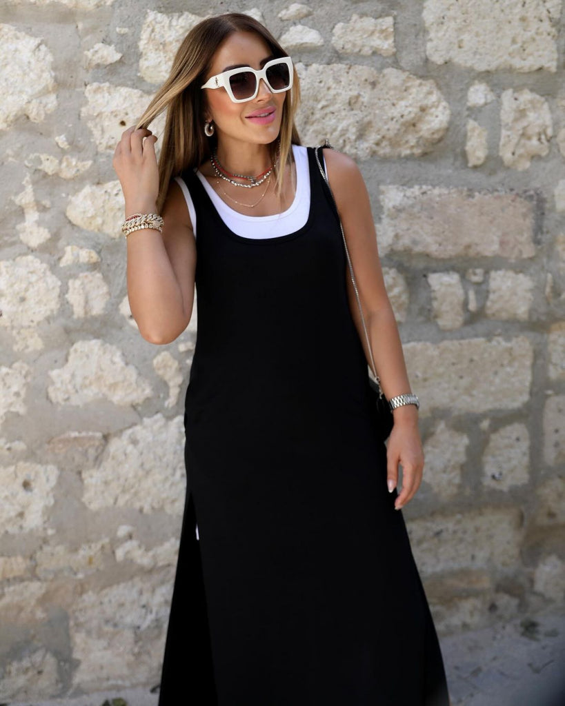 Women's Strappy Round Neck Pocket Slit Detailed Viscose Dress and Tank Top Two-Piece Set