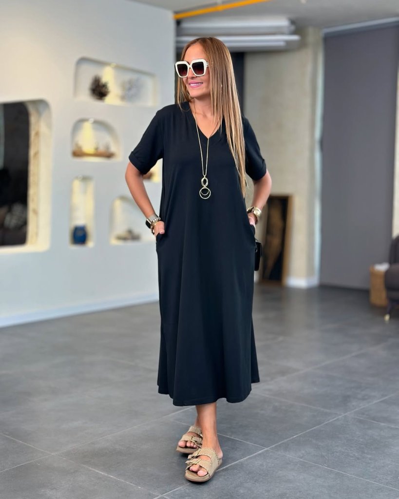 Women's Short Sleeve V Neck Long Dress with Pocket Detail, Viscose Double Yarn