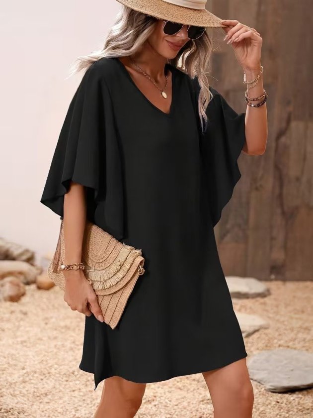 Women's Short Sleeve V Neck Side Ruffle Short Imported Crepe Dress