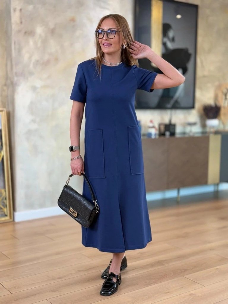 Women's Short Sleeve Crew Neck Midi Dress with Pockets and Front Slit, Viscose Double Yarn
