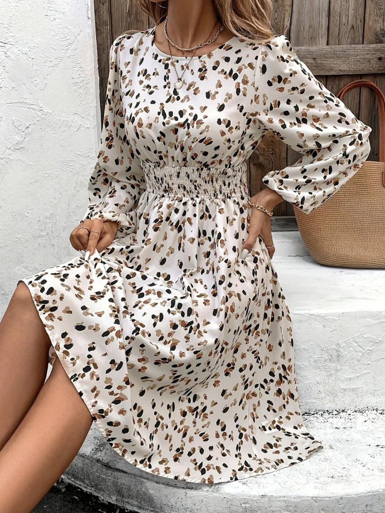 Women's Long Sleeve Boot Collar Elastic Waist Midi Supreme Dress